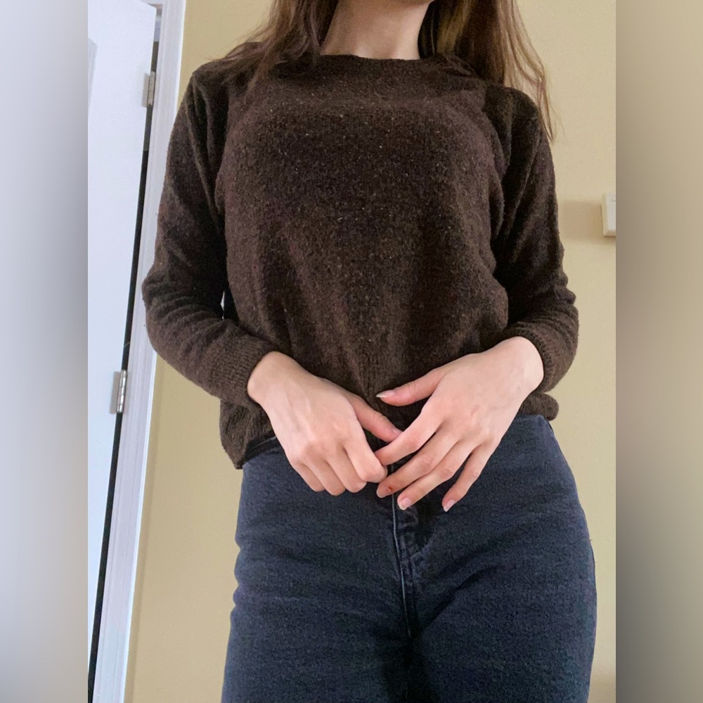Super cozy brown sweater with subtle green and maroon specks throughout